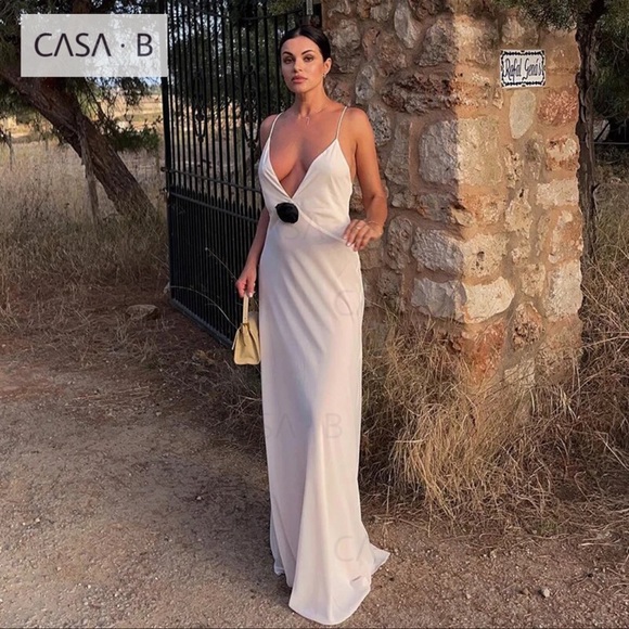 SOON to CASA B✨Madeline Sheer Floral Appliqué Deep V Long Slip Sheath Maxi Dress - Picture 3 of 13